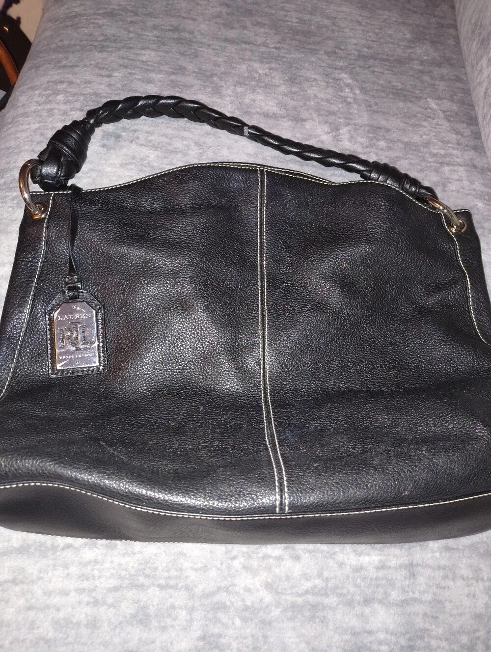 Ralph Lauren Black Pebbled Leather Braided-Handle Shoulder Bag